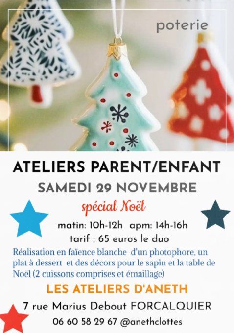 ATELIERS PARENT/ENFANT poterie samedi 29 novembre 2025